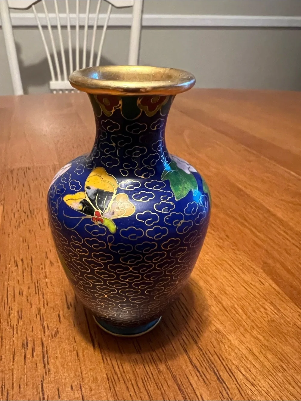 Hand-Painted Cloisonné Floral Vase - Blue and Pink, vintage
